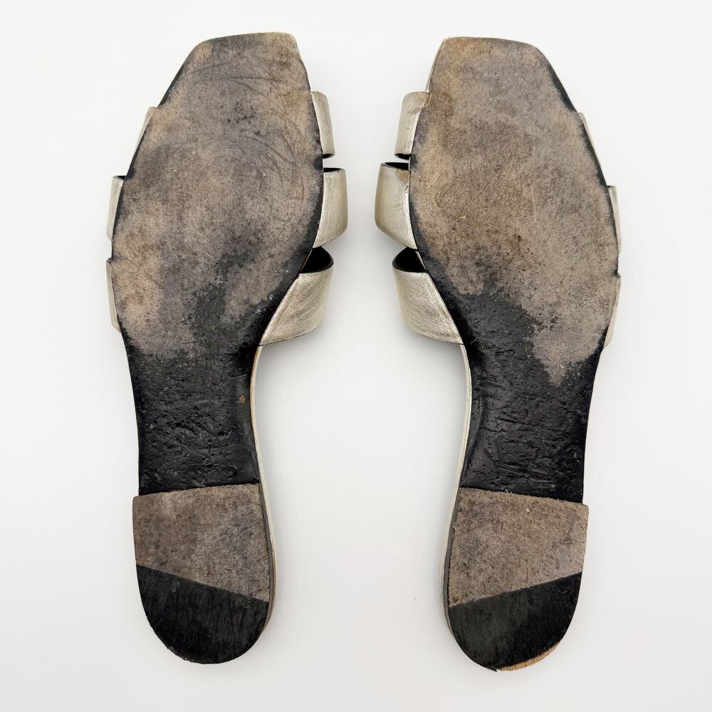 Saint Laurent Tribute Silver Metallic Leather Woven Flat Sandals Slides 40.5 - Picture 6 of 7